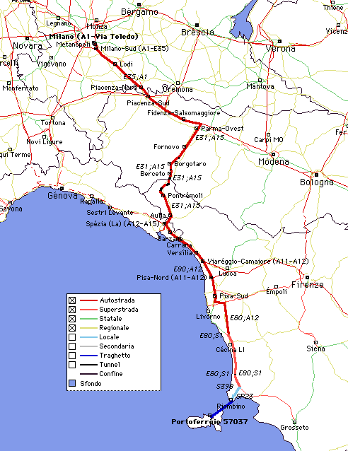 Route Milan - Elba Island